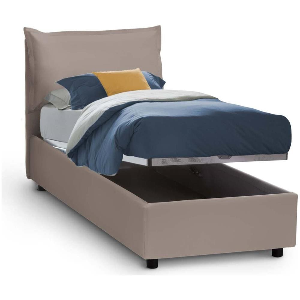 Letto Singolo Emilia, Letto Contenitore Con Rivestimento In Ecopelle, 100% Made In Italy, Apertura Frontale, Con Materasso Cm 90x200 Incluso, Tortora - Foto 2
