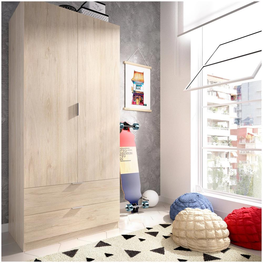 Guardaroba Pisanino, Mobile Appendiabiti Per Camera Da Letto, Armadio A 2 Ante Battenti E 2 Cassetti, 81x52h184 Cm, Rovere - Foto 1