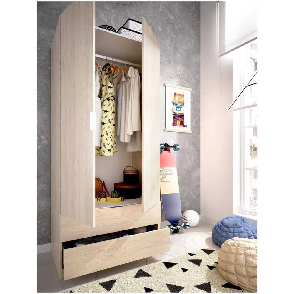Guardaroba Pisanino, Mobile Appendiabiti Per Camera Da Letto, Armadio A 2 Ante Battenti E 2 Cassetti, 81x52h184 Cm, Rovere - Foto 4