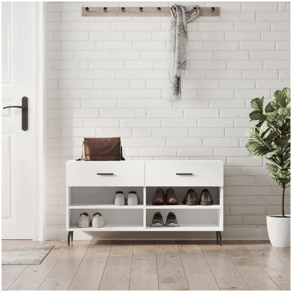 Panca Porta Scarpe Bianco Lucido 102x35x55 Cm Legno Multistrato - Foto 1