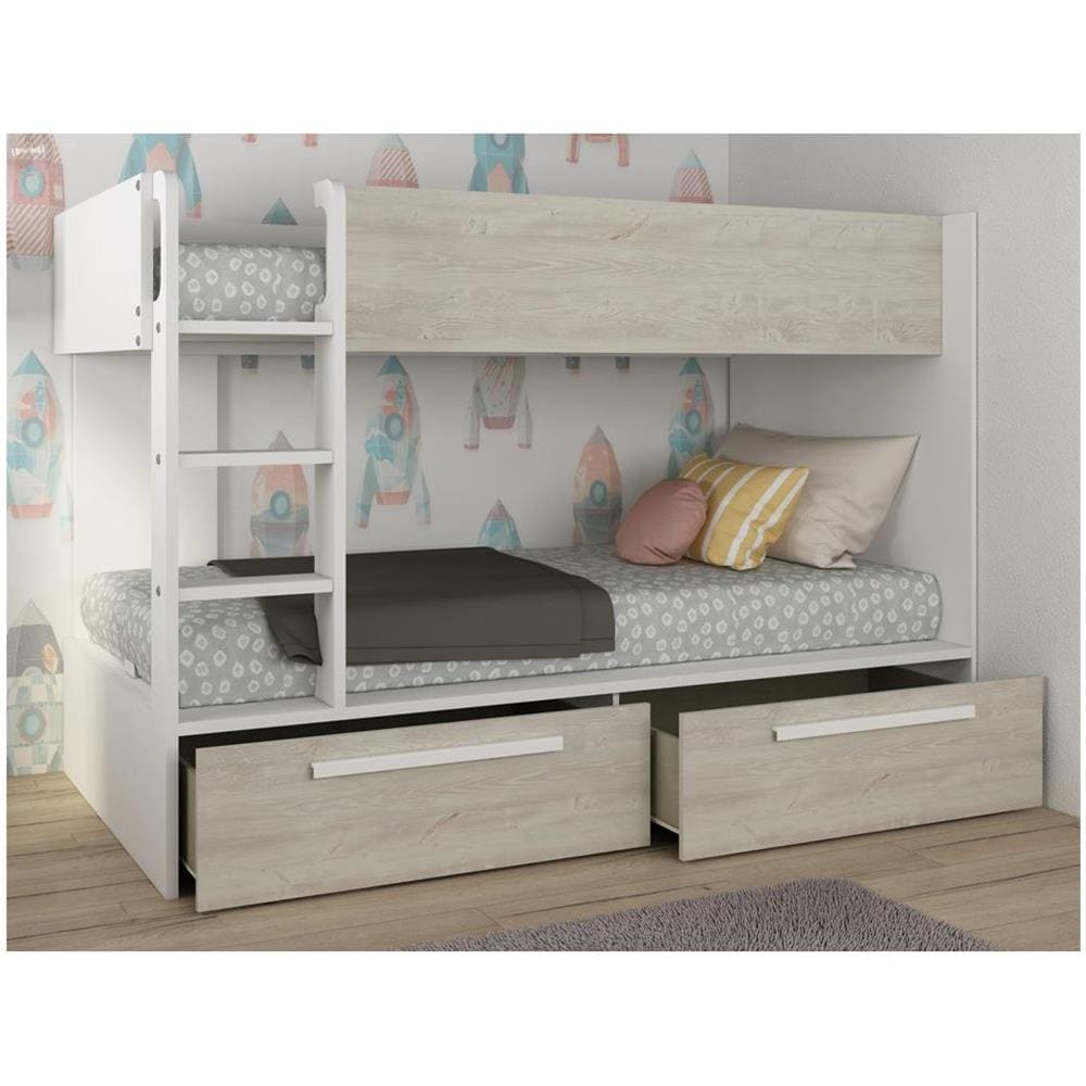 Letto A Castello 2 Cassetti 2 X 90 X 200 Cm Bianco E Naturale - Tinoli - Foto 1