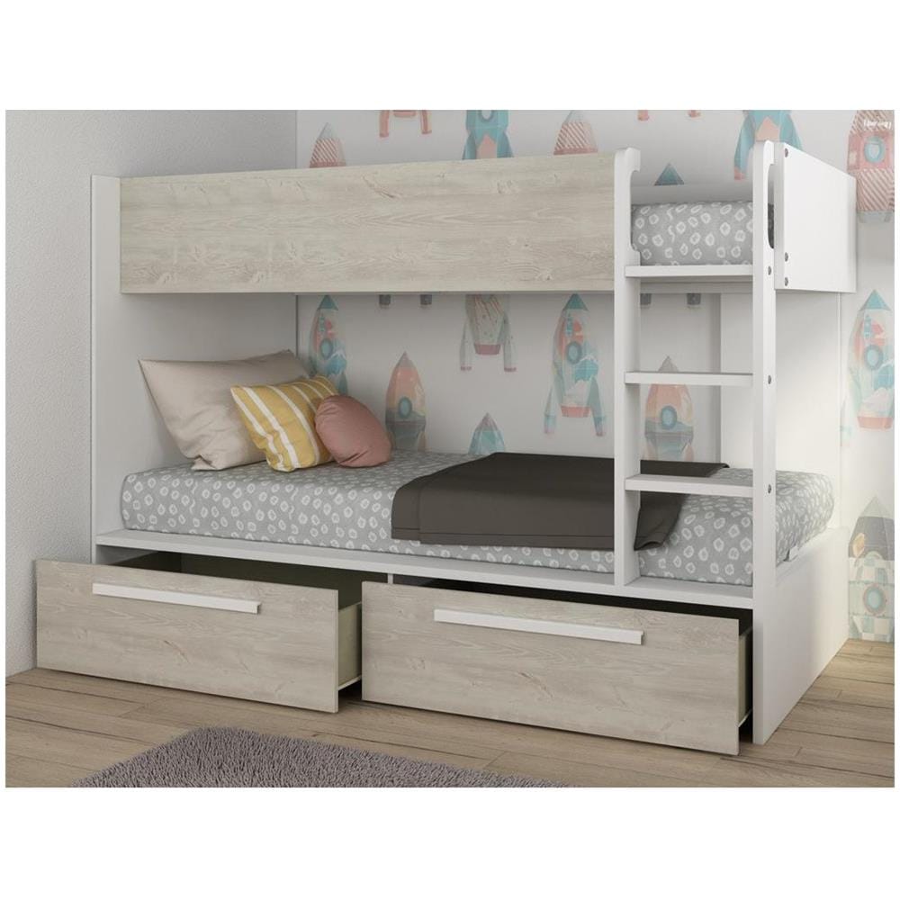 Letto A Castello 2 Cassetti 2 X 90 X 200 Cm Bianco E Naturale - Tinoli - Foto 6