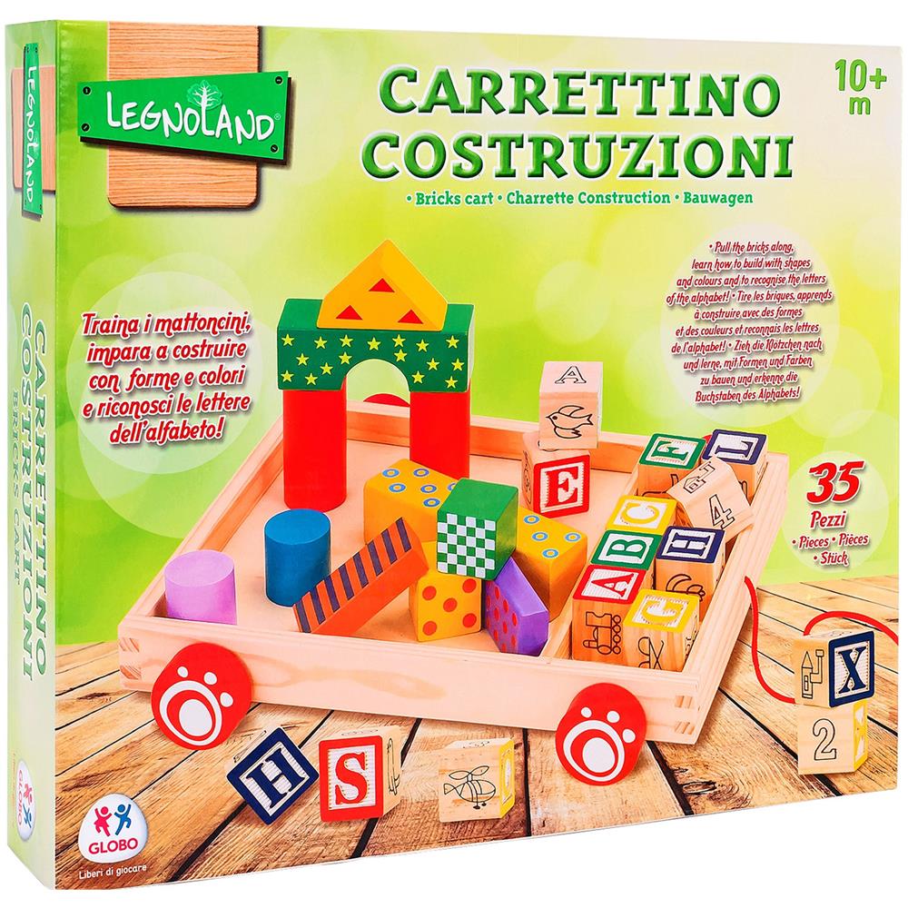 Legnoland- Carretto Trainabile Legno Con 12 Cubi / 23 Costruzioni, Multicolore, 37771 - Foto 1