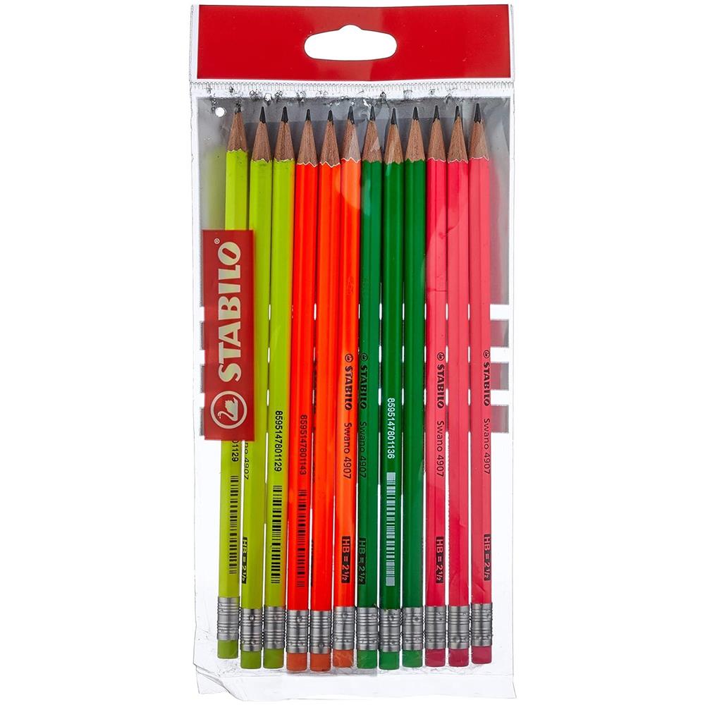 swano fluo - Matita in Grafite - con gommino - Eco Pack da 12 - Gradazione HB - Giallo /Verde /Arancione /Rosa - Foto 1