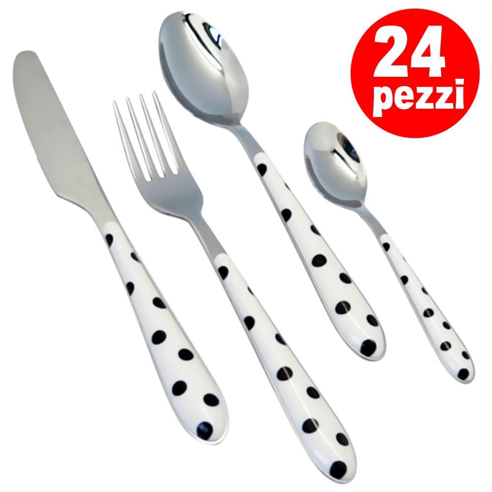 Set Servizio 24 Posate Pois Bianco In Acciaio Con Forchette Cucchiaio Coltello - Foto 1