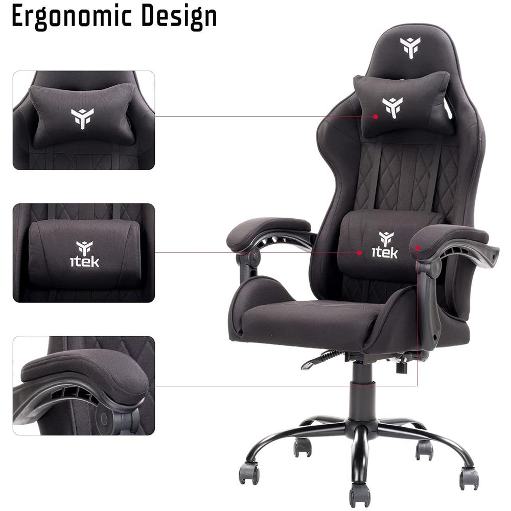 Gaming Chair RHOMBUS FF10 - Tessuto, Doppio Cuscino, Schienale Reclinabile, Nero Nero - Foto 5