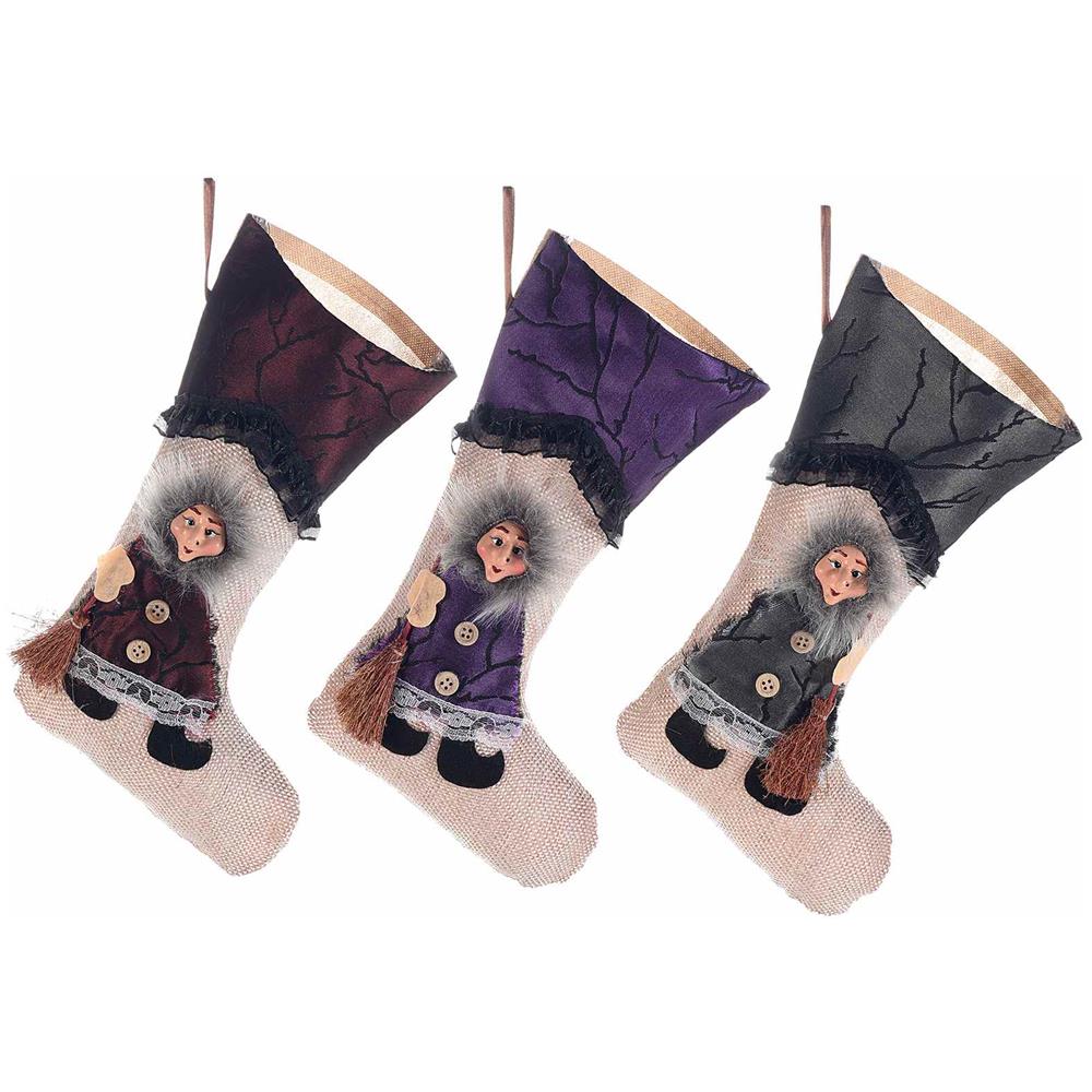 Calze Natalizie In Panno Set Da 9 Calze Con Befana In Resina Decorazione Natalizia Per Il Camino E L'albero Idea Regalo - Foto 1