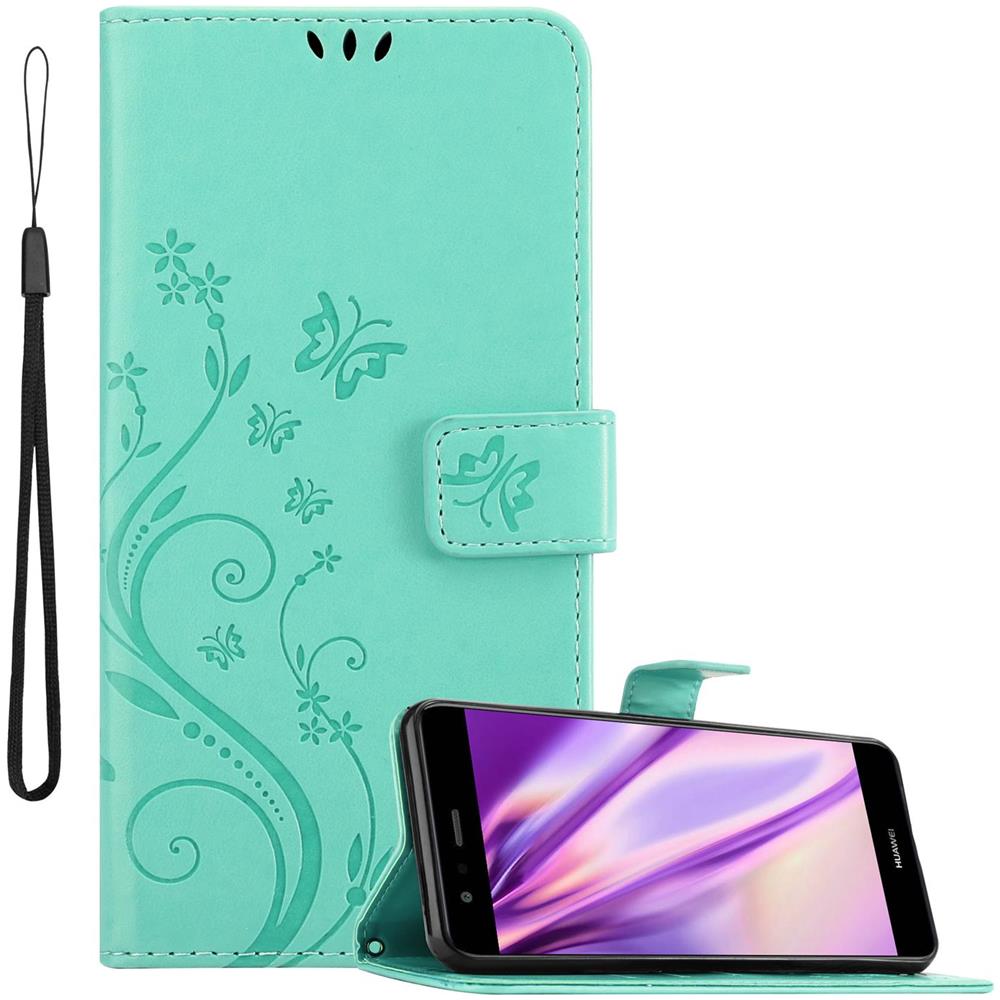 Cadorabo Custodia Compatibile Con Huawei P10 Lite In Turchese Fiore - Coperchio Protettivo In Design Floreale Con Chiusura Magnetica, Funzione Stand E Slot Per Carte - Foto 1