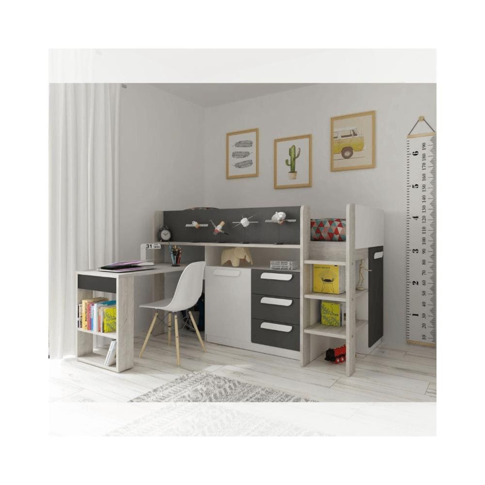 Letto Combinato Con Scrivania E Scomparti 90 X 200 Cm Antracite, Naturale E Bianco - Loukala - Foto 6