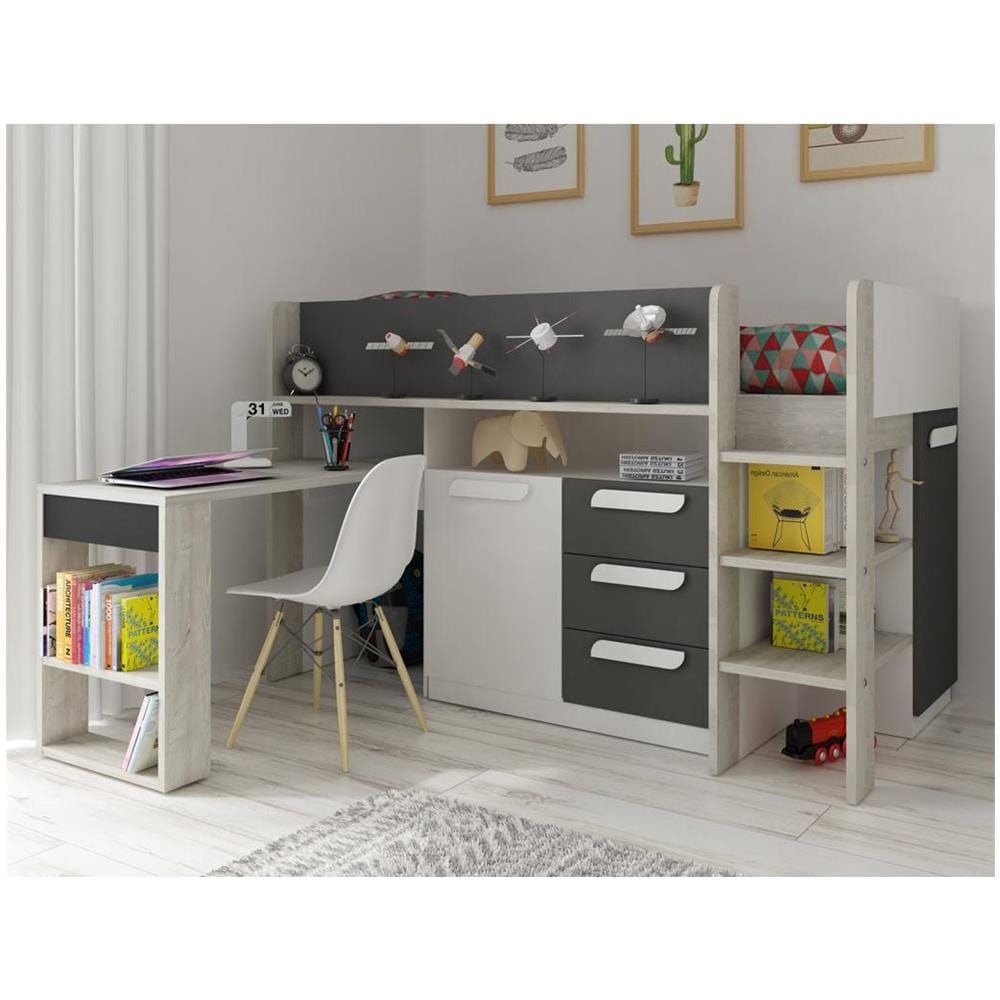 Letto Combinato Con Scrivania E Scomparti 90 X 200 Cm Antracite, Naturale E Bianco - Loukala - Foto 1