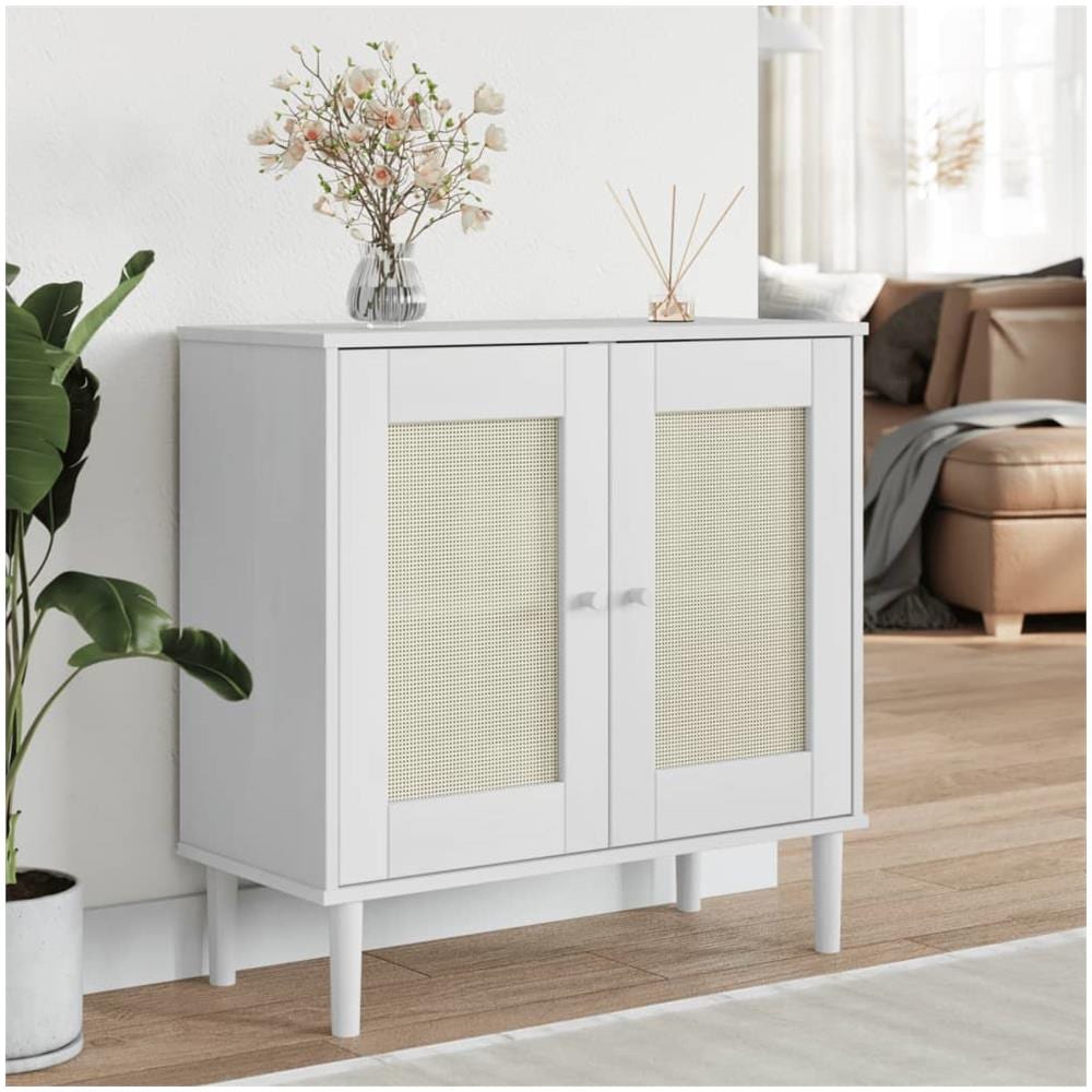 Credenza Senja Aspetto Rattan Bianco 80x35x80 Cm Massello Pino - Foto 1