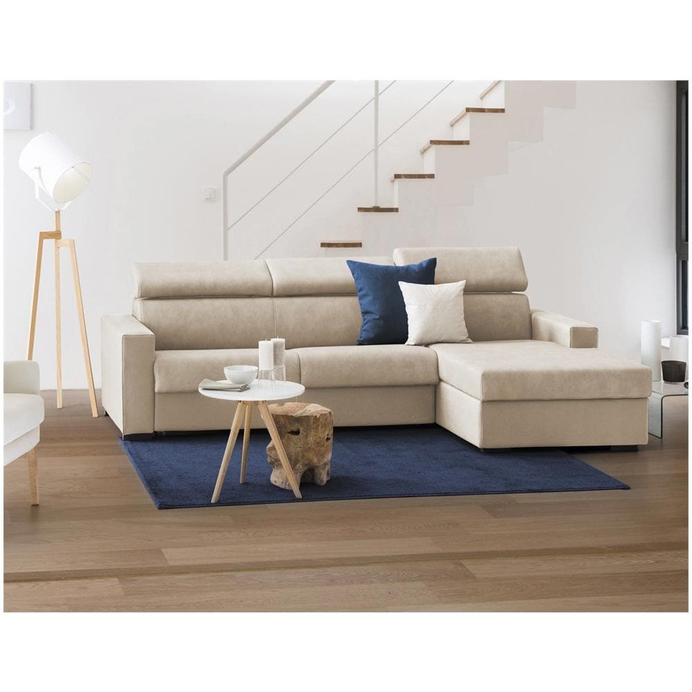 Divano Fisso Mikaela, Divano Ad Angolo, 100% Made In Italy, Sofà Soggiorno Con Chaise Longue, In Tessuto Imbottito - Penisola Contenitore Destra, Con Braccioli Slim, Cm 260x95h85, Beige - Foto 1