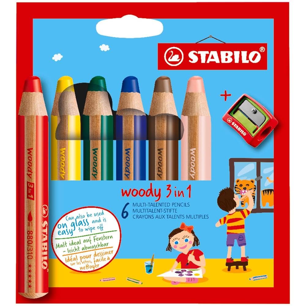woody 3 in 1 - Matita colorata Multi-Funzione - Astuccio da 6 - con Temperino - Colori assortiti - Foto 1