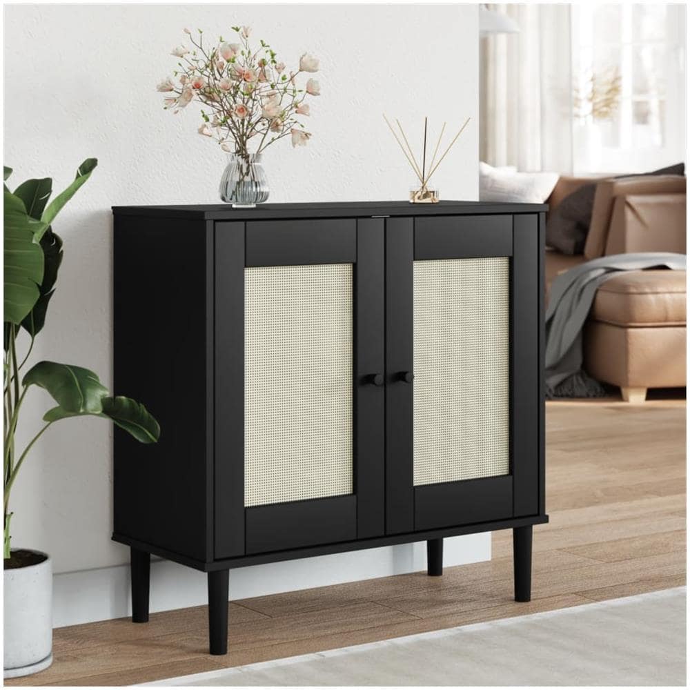 Credenza Senja Aspetto Rattan Nero 80x35x80 Cm Massello Pino - Foto 1