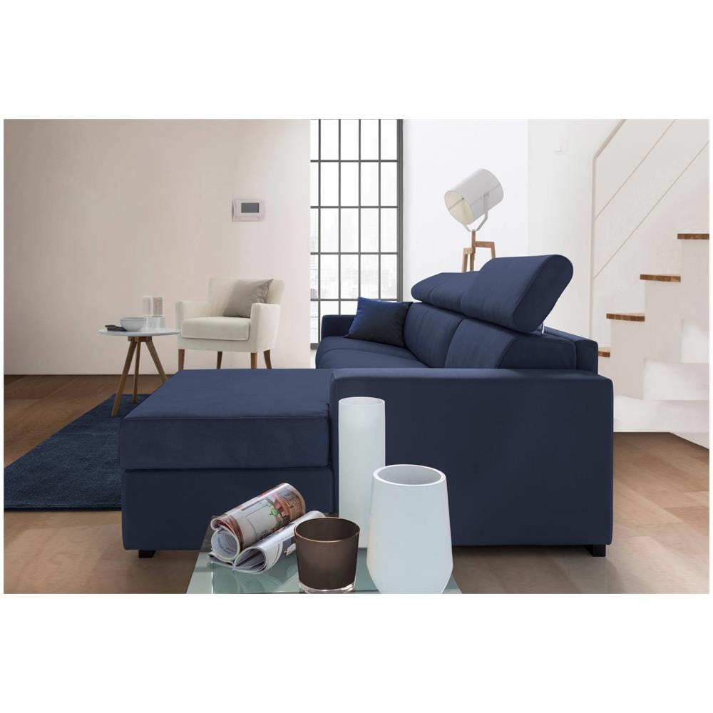 Divano Fisso Mikaela, Divano Ad Angolo, 100% Made In Italy, Sofà Soggiorno Con Chaise Longue, In Tessuto Imbottito - Penisola Contenitore Destra, Con Braccioli Slim, Cm 260x95h85, Blu - Foto 4