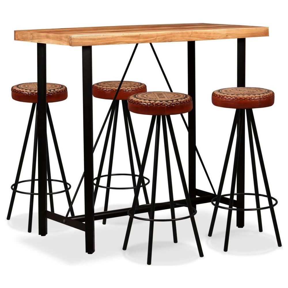 Set da Bar 5 pz in Legno Massello Acacia in Vera Pelle e Tela - Foto 1