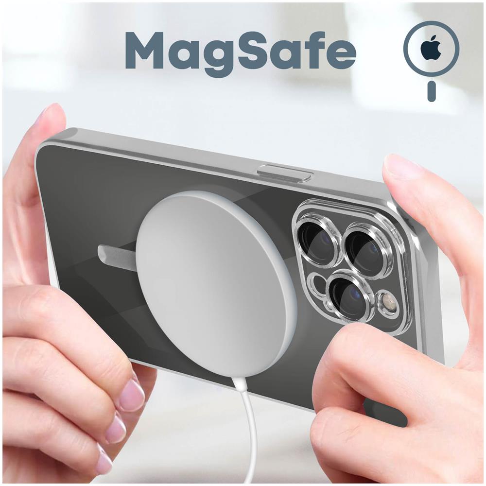 Cover Magsafe Per Iphone 13 Pro Silicone Protezione Camera Bordo Cromato Argento - Foto 2