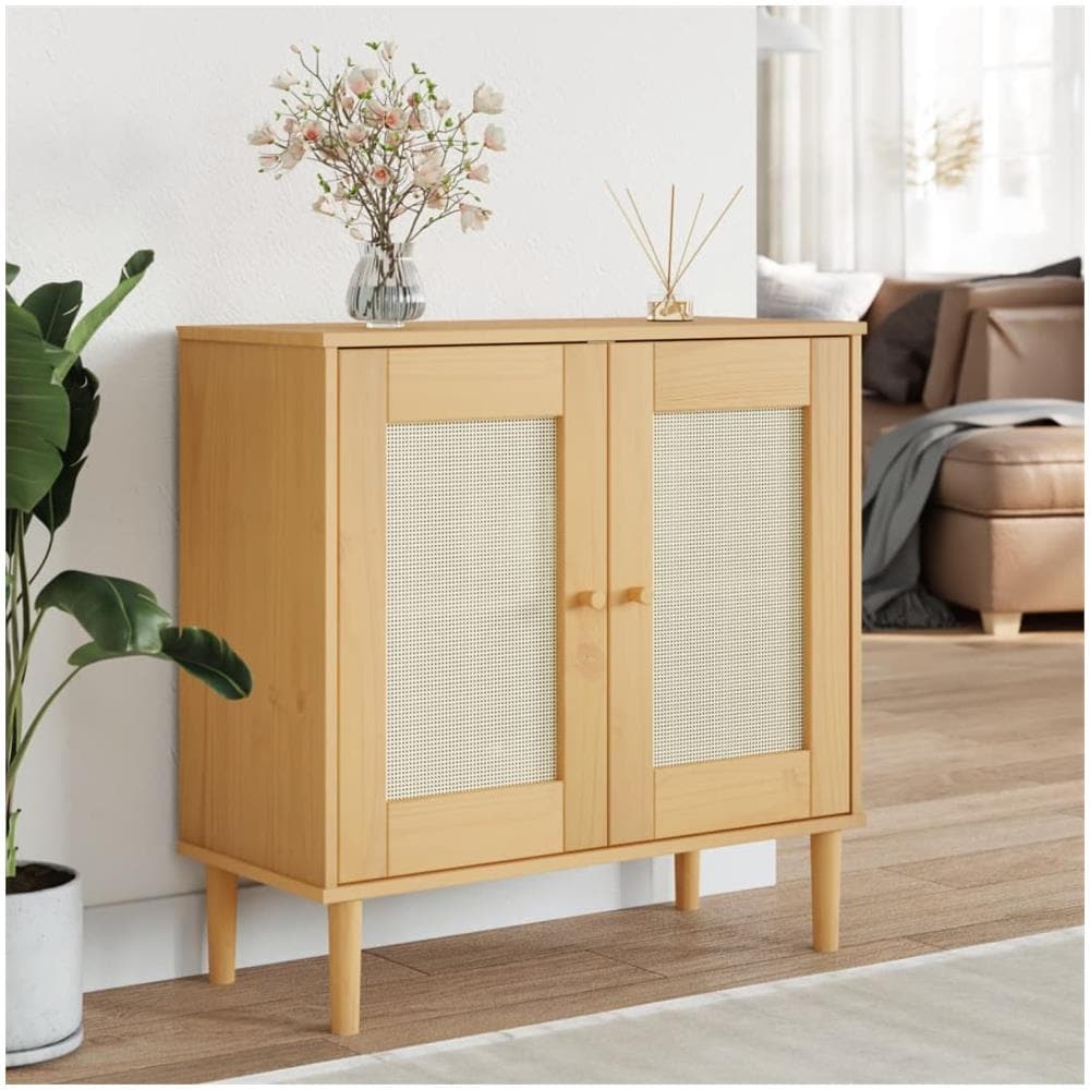 Credenza Senja Aspetto Rattan Marrone 80x35x80 Cm Massello Pino - Foto 1