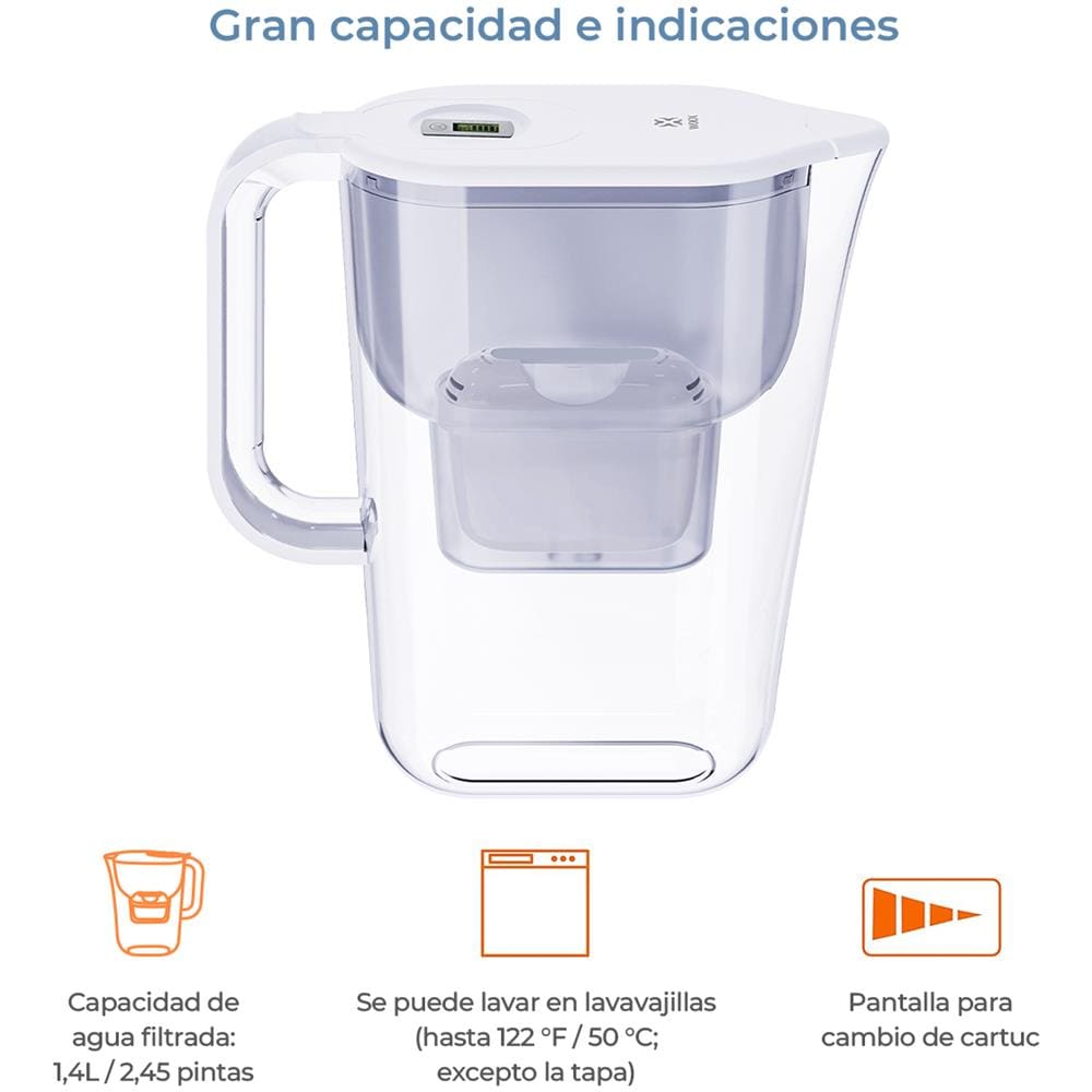 Brocca Filtrante Per Acqua Da 2,4 L, Durata 35 Giorni, Per Frigorifero, Elemento Filtrante Anti-rovesciamento, Con Promemoria Elettronico Sul Display, Compatibile Con Filtro Brita, Riduce Il Sapore E L'odore Di Cloro, Senza Bpa, Bianco - Foto 2