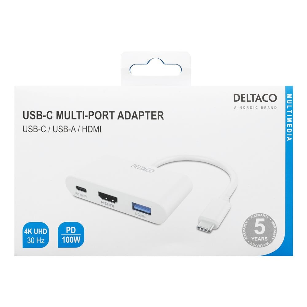 Adattatore Deltaco Da Usb-c A Hdmi / Usb A, 4k 30hz, Usb-c Pd 3.0 100w, Bianco - Foto 6