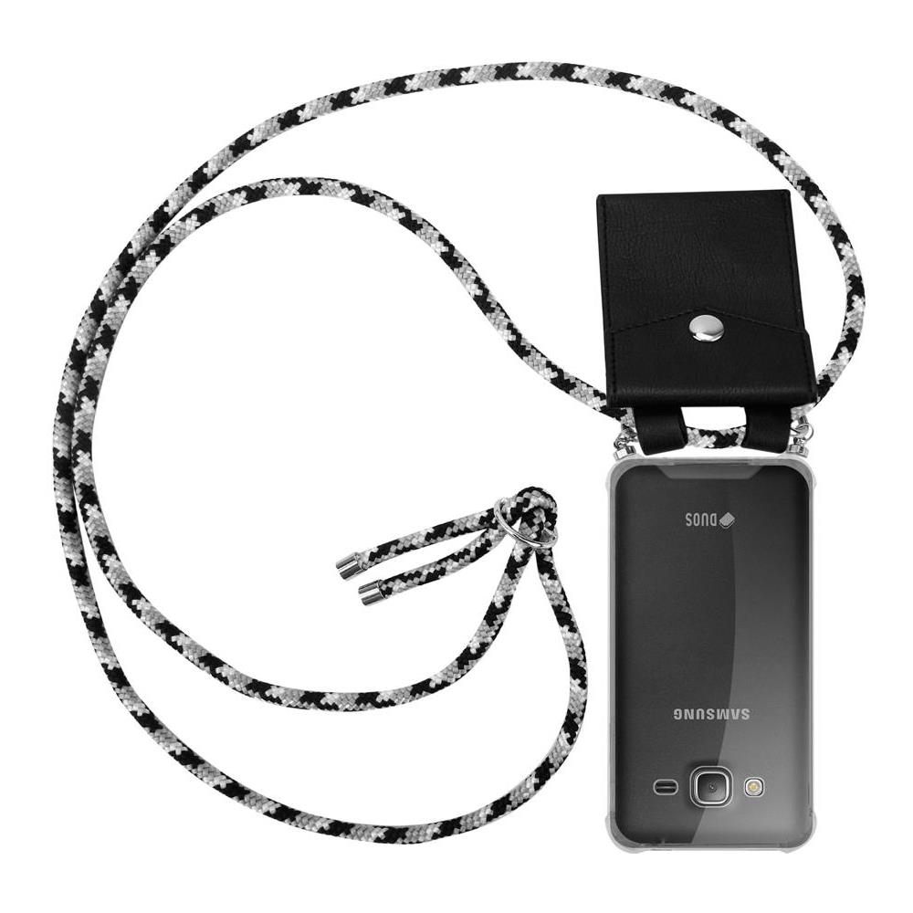 Catena Di Telefoni Cellulari Compatibile Con Samsung Galaxy J3 / J3 Duos 2016 In Nero Camouflage - Coperchio Protettivo In Silicone Con Anelli D'argento, Cinturino In Corda E Custodia Staccabile - Foto 1