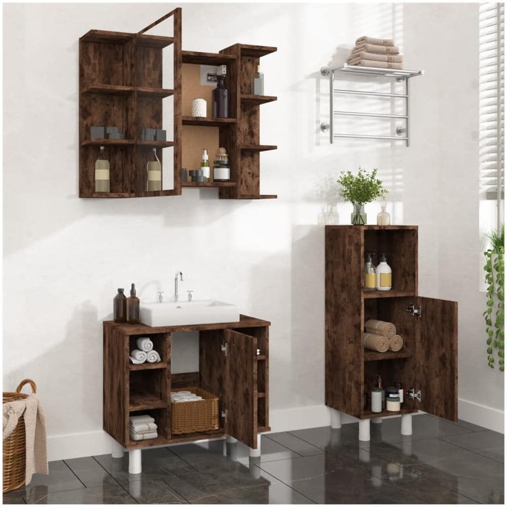 Set Mobili Da Bagno 3 Pz Rovere Fumo In Legno Multistrato - Foto 1