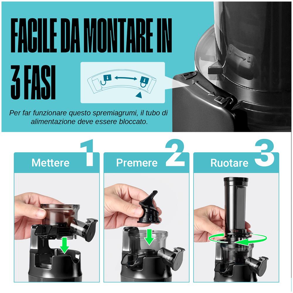 Ginnie Spremiagrumi a Freddo Professionale, Estrattore Lento 60 RPM per Agrumi, Design Compatto e Facile da Pulire, 400ml, 100W - Nero - Foto 2