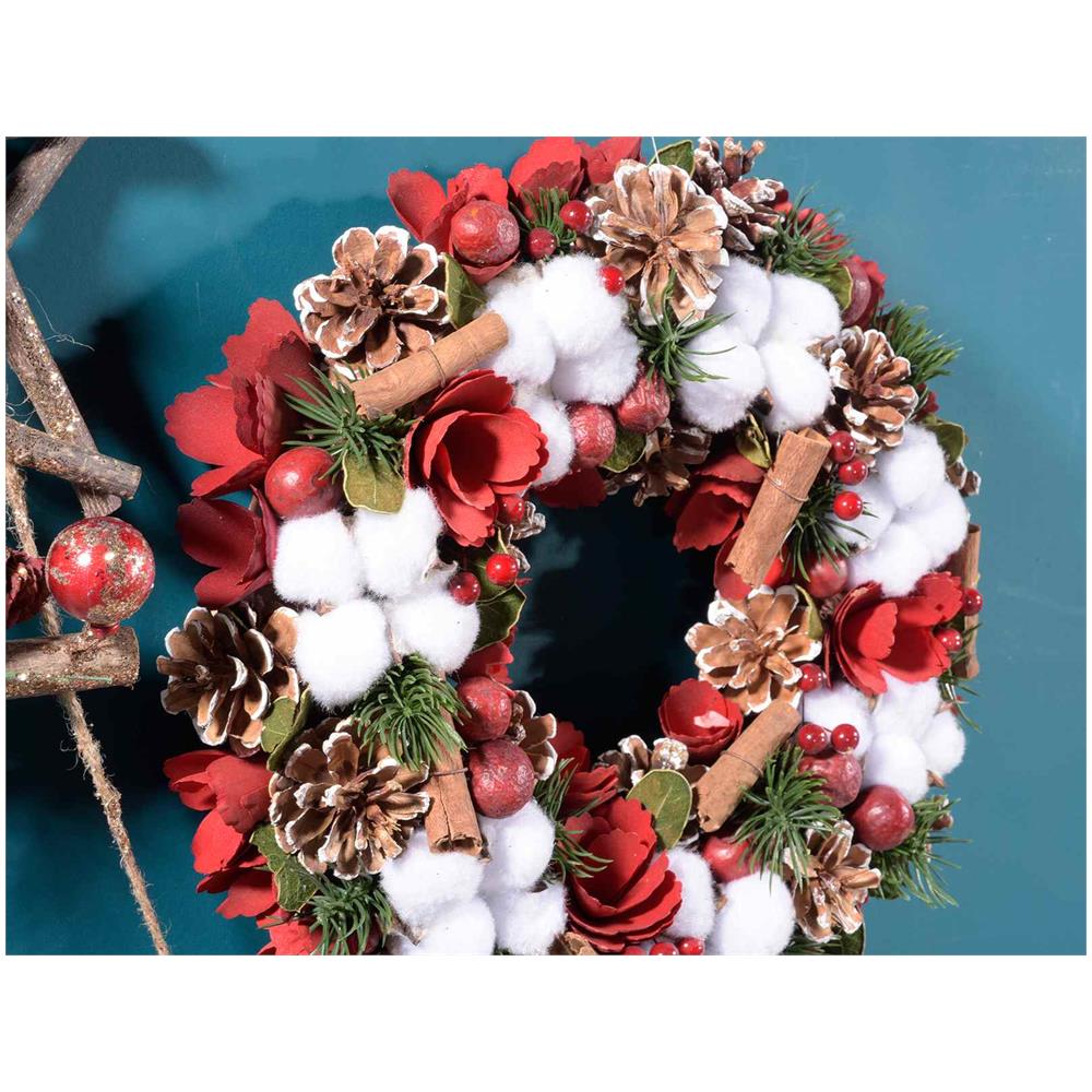 Ghirlanda Natalizia Da Porta Con Pigne Innevate E Fiori Ghirlanda Di Natale Diametro 33 Centimetri - Foto 2