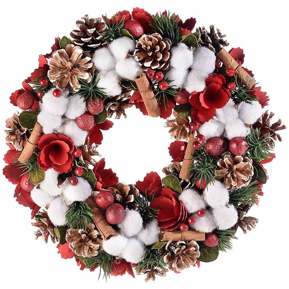 Ghirlanda Natalizia Da Porta Con Pigne Innevate E Fiori Ghirlanda Di Natale Diametro 33 Centimetri - Foto 1