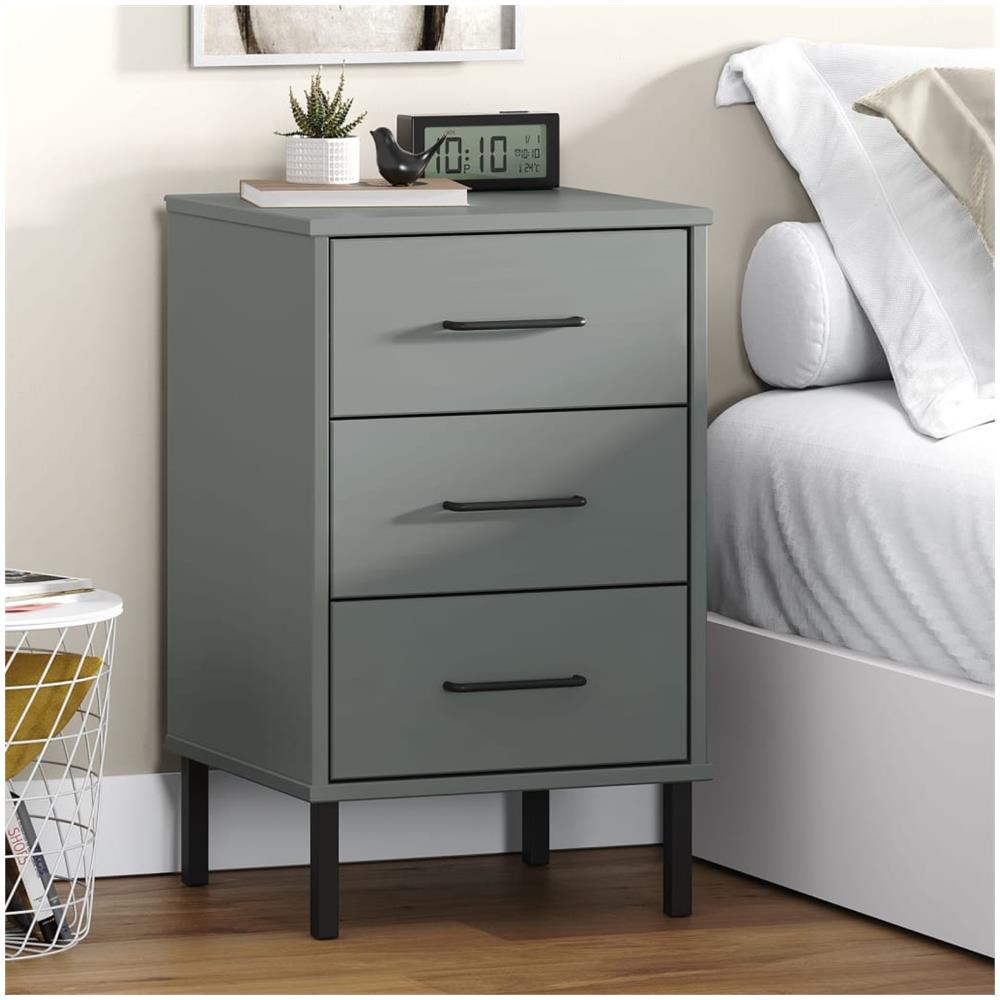 Comodino Con Gambe In Metallo Grigio Legno Massello Pino Oslo - Foto 1