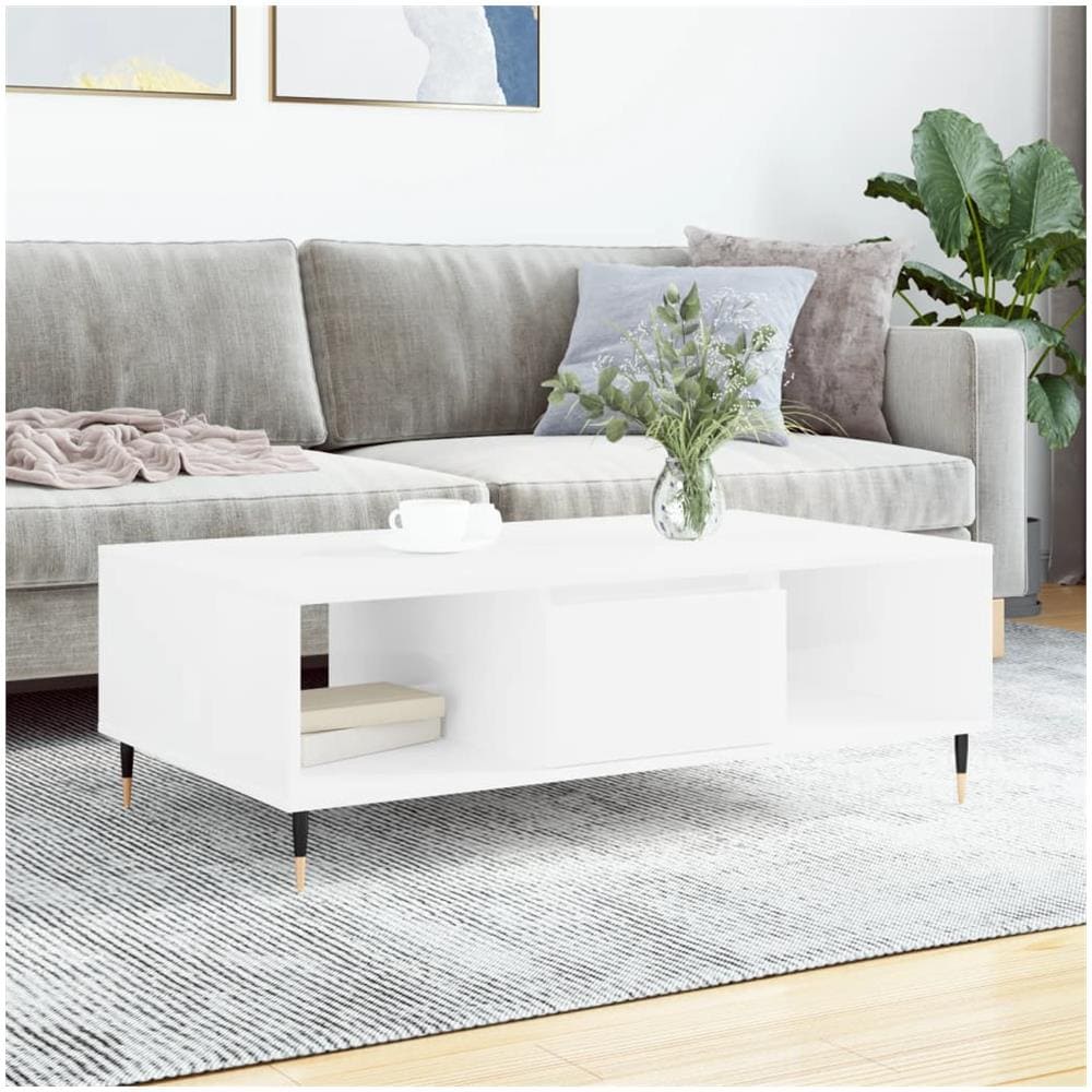 Tavolino Da Salotto Bianco Lucido 104x60x35cm Legno Multistrato - Foto 1