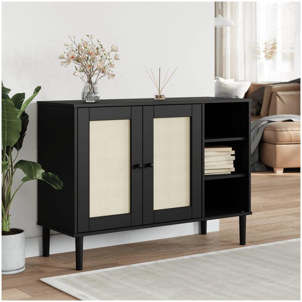 Credenza Senja Aspetto Rattan Nero 112x40x80 Cm Massello Pino - Foto 1