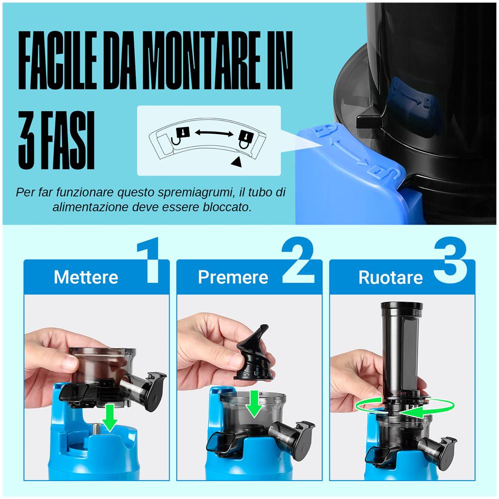 Ginnie Spremiagrumi a Freddo Professionale, Estrattore Lento 60 RPM per Agrumi, Design Compatto e Facile da Pulire, 400ml, 100W - Blu Cielo - Foto 2
