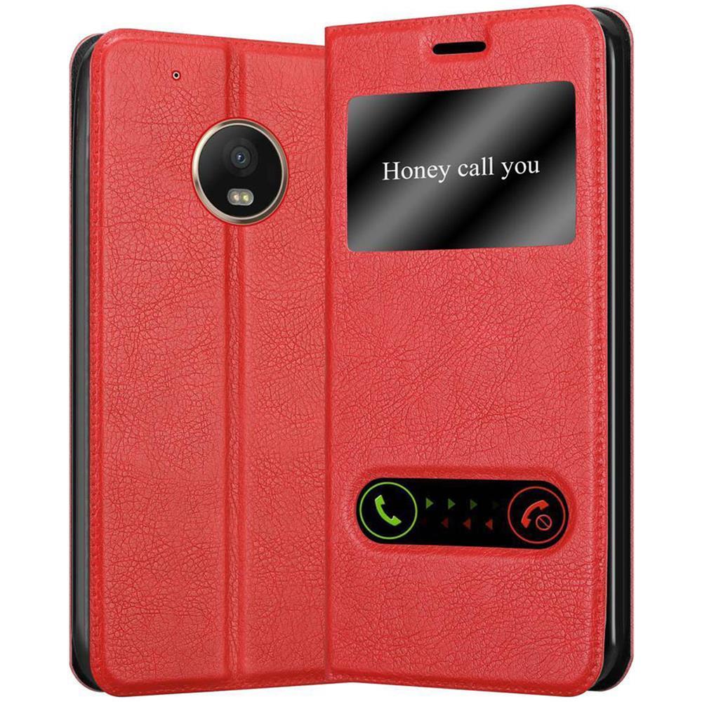 Custodia Compatibile Con Motorola Moto G5 Plus In Rosso Zafferano - Coperchio Protettivo Con Chiusura Magnetica, Funzione Stand E 2 Finestre Di Visualizzazione - Foto 1
