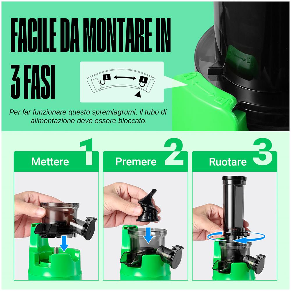 Ginnie Spremiagrumi a Freddo Professionale, Estrattore Lento 60 RPM per Agrumi, Design Compatto e Facile da Pulire, 400ml, 100W - Verde Pappagallo - Foto 2