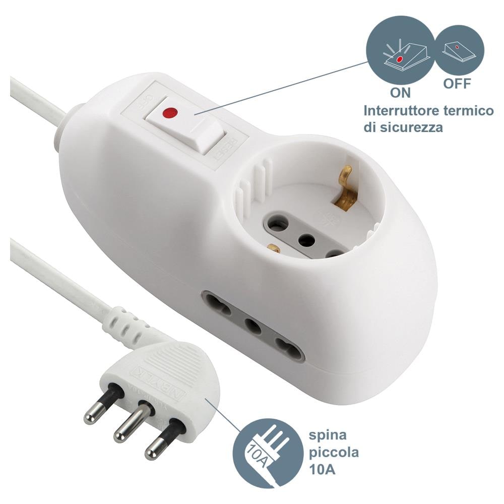 62023 Multipresa 3 posti 1 schuko + 2 bivalenti 10/16A - cavo 1 m, spina piccola 10A - Foto 2