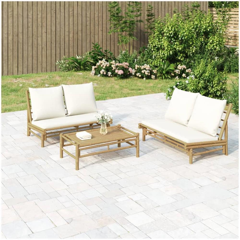 Set Salotto Da Giardino 2pz Con Cuscini Bianco Crema In Bambù - Foto 1