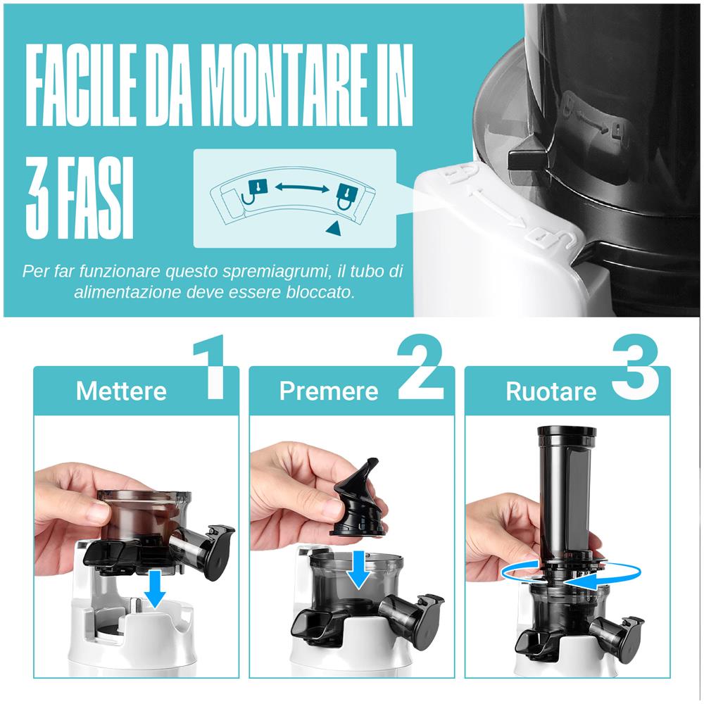 Ginnie Spremiagrumi a Freddo Professionale, Estrattore Lento 60 RPM per Agrumi, Design Compatto e Facile da Pulire, 400ml, 100W - Bianco - Foto 2