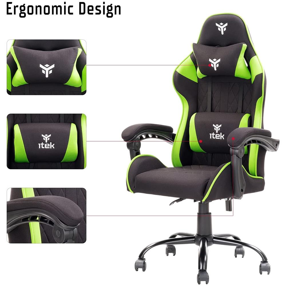 Gaming Chair RHOMBUS FF10 - Tessuto, Doppio Cuscino, Schienale Reclinabile, Nero Verde - Foto 5