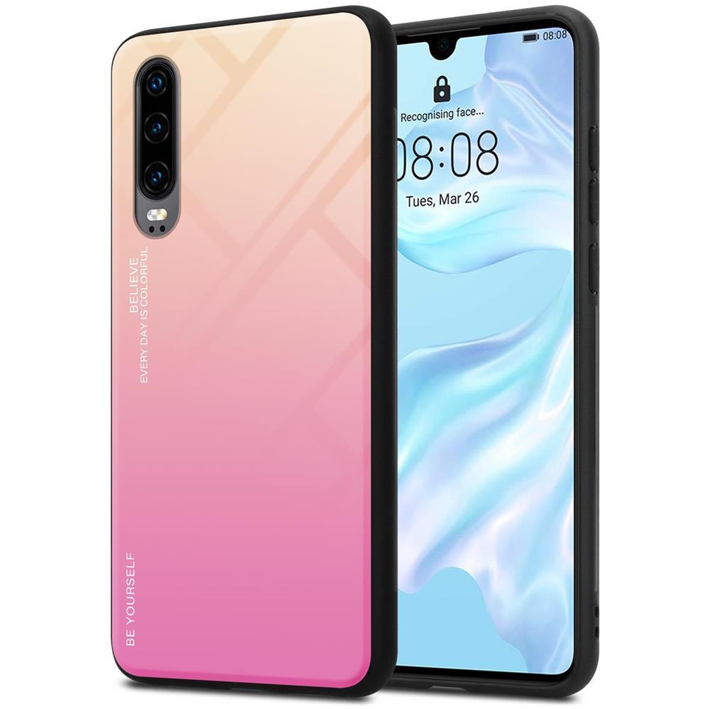 Custodia Compatibile Con Huawei P30 In Giallo - Rosa - Coperchio Protettivo Bicolore In Vetro Temperato E Silicone Tpu - Foto 1