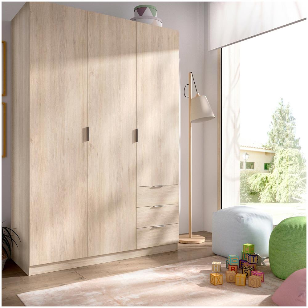 Guardaroba Cimone, Mobile Appendiabiti Per Camera Da Letto, Armadio A 3 Ante Battenti E 3 Cassetti, 121x52h184 Cm, Rovere - Foto 1