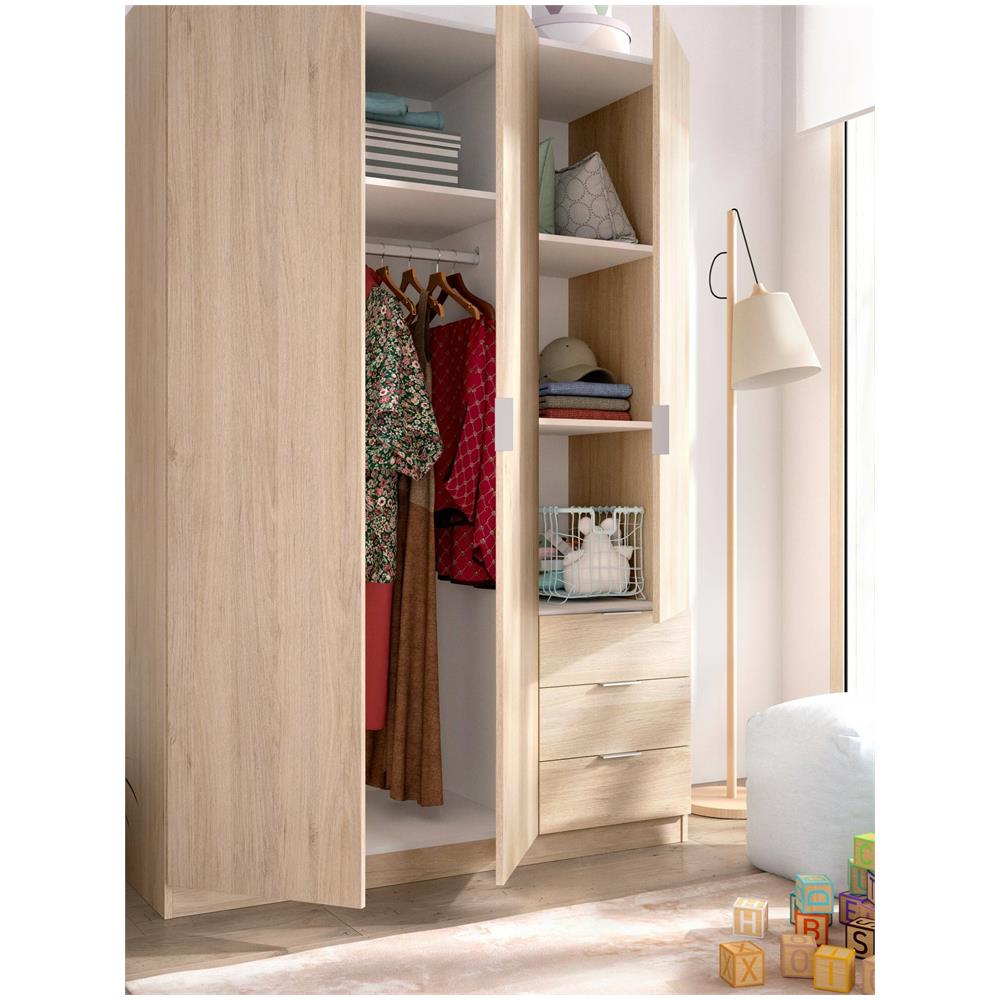 Guardaroba Cimone, Mobile Appendiabiti Per Camera Da Letto, Armadio A 3 Ante Battenti E 3 Cassetti, 121x52h184 Cm, Rovere - Foto 4