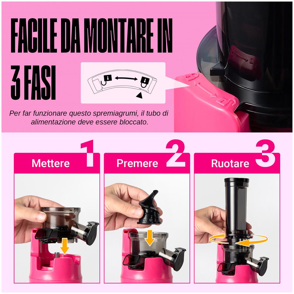 Ginnie Spremiagrumi a Freddo Professionale, Estrattore Lento 60 RPM per Agrumi, Design Compatto e Facile da Pulire, 400ml, 100W - Rosa Vivace - Foto 2