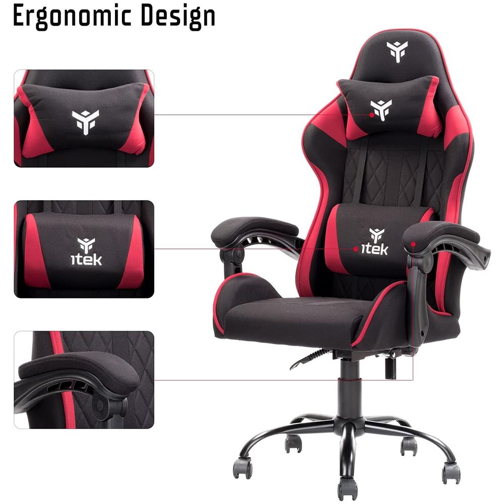 Gaming Chair RHOMBUS FF10 - Tessuto, Doppio Cuscino, Schienale Reclinabile, Nero Rosso - Foto 2