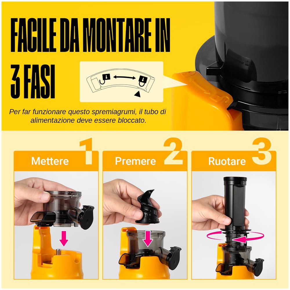 Ginnie Spremiagrumi a Freddo Professionale, Estrattore Lento 60 RPM per Agrumi, Design Compatto e Facile da Pulire, 400ml, 100W - Giallo Sole - Foto 2