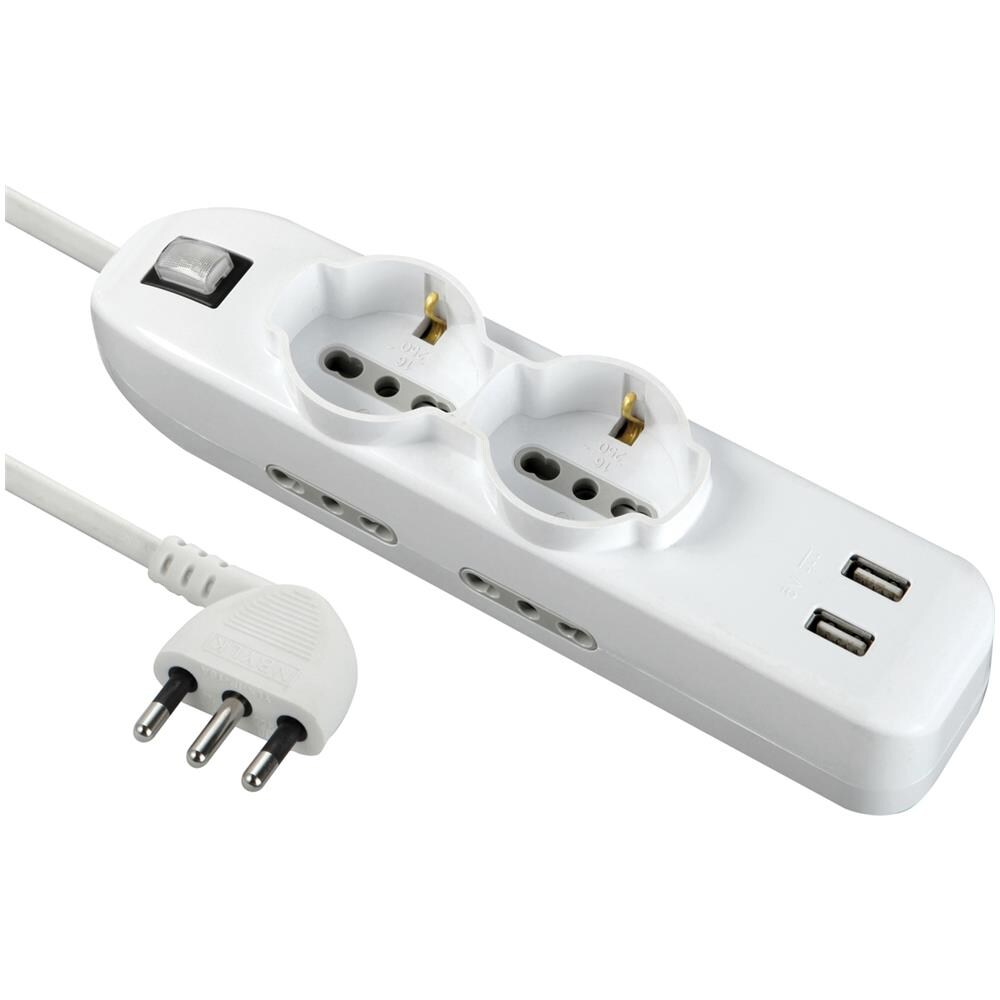62087 Multipresa 6 posti 2 polivalenti (schuko +10/16A) 4 bivalenti (10/16A) 2 Prese USB - cavo 1,5 m bianco - Foto 1