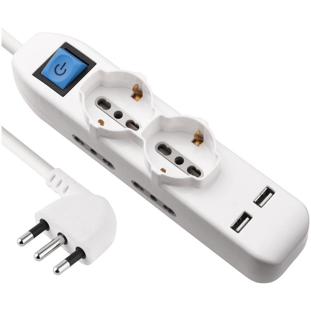 62087 Multipresa 6 posti 2 polivalenti (schuko +10/16A) 4 bivalenti (10/16A) 2 Prese USB - cavo 1,5 m bianco - Foto 3