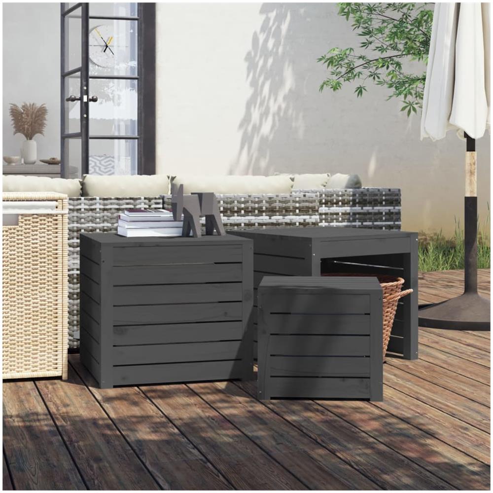 Set Cassette Da Giardino 3 Pz Grigio In Legno Massello Di Pino - Foto 1