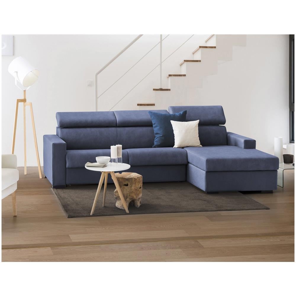 Divano Fisso Eliana, Divano Ad Angolo, 100% Made In Italy, Sofà Soggiorno Con Chaise Longue, In Tessuto Imbottito - Penisola Contenitore Sinistra, Con Braccioli Slim, Cm 260x95h85, Blu - Foto 1