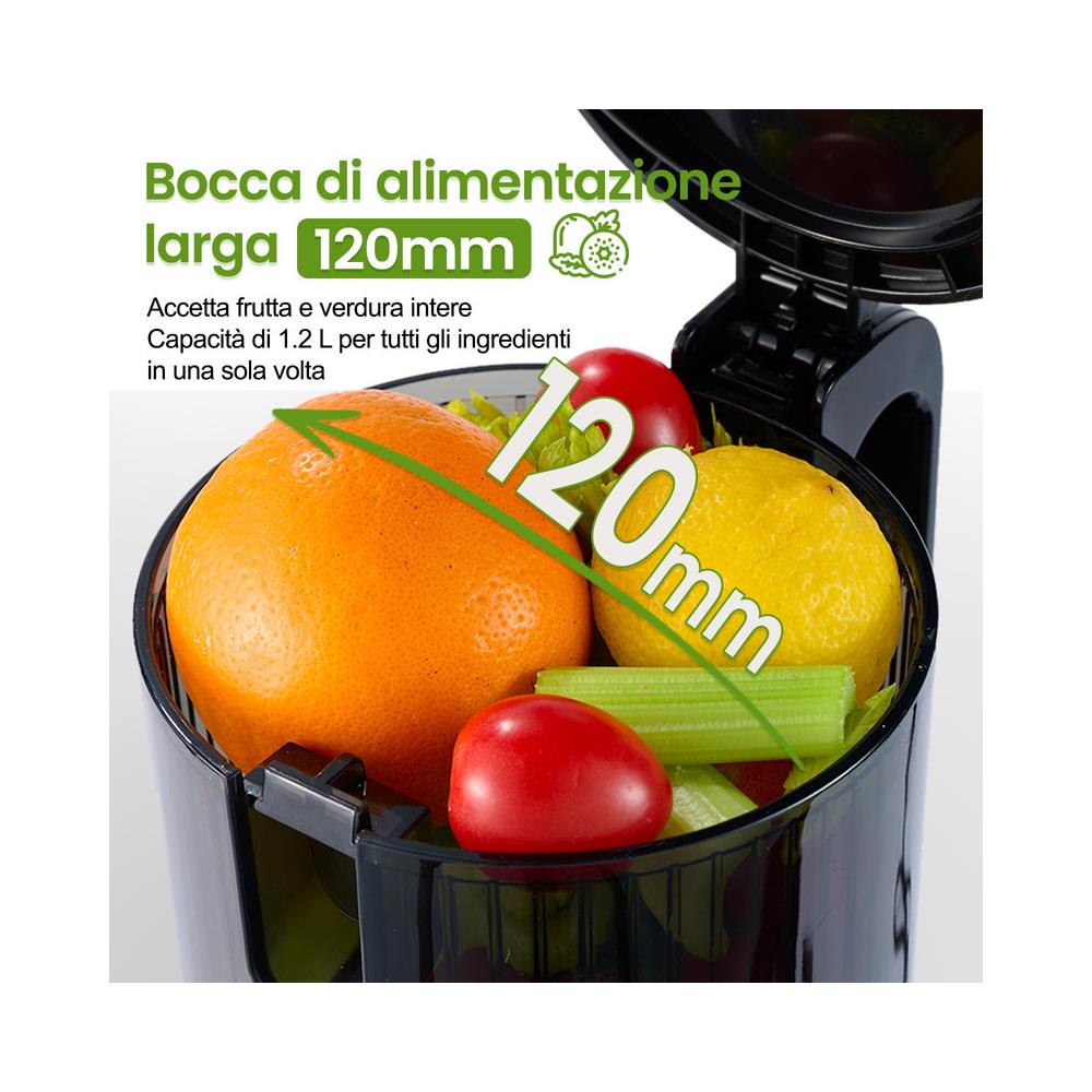Estrattore di Succo a Freddo, Estrattore Lento a Bocca Larga da 120mm, Sistema a Doppia Filtrazione per Alta Resa di Succo, Senza BPA, 250W, Capacità 1.2L - Nero - Foto 1